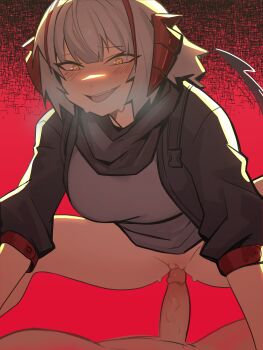 1boy 1girl absurdres antenna_hair arknights assertive_female black_scarf blush bottomless breasts clothed_sex commentary commission cowgirl_position crazy crazy_smile demon_girl demon_horns demon_tail distr english_commentary erection fang girl_on_top grey_hair grey_shirt hetero highres horns imminent_penetration imminent_vaginal large_breasts long_sleeves looking_at_viewer naughty_face no_panties penis pov pussy red_background scarf sex shirt short_hair smile solo_focus spread_legs straddling sweat tail teeth uncensored upper_teeth_only veins veiny_penis w_(arknights) yellow_eyes