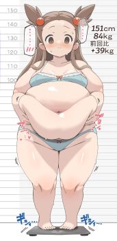 ... 1girl belly belly_grab big_belly blue_bra blue_panties blush bra breasts brown_eyes brown_hair empty_eyes fat fat_rolls fat_woman hair_horns hair_ornament heart height_chart jasmine_(pokemon) kukuru long_hair navel nintendo obese panties pokemon pokemon_gsc small_breasts smile solo sound_effects sphere_hair_ornament spoken_ellipsis standing sweat thick_arms thick_thighs thighs underwear weighing_scale weight_conscious white_background