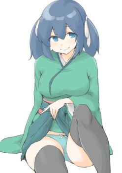 1girl akara_kai black_thighhighs blue_eyes blue_hair blush breasts commentary green_hakama green_kimono green_panties hair_ribbon hakama hakama_short_skirt hakama_skirt highres japanese_clothes kantai_collection kimono large_breasts lifting_own_clothes long_hair looking_at_viewer panties ribbon skirt smile souryuu_(kancolle) thighhighs twintails underwear white_ribbon