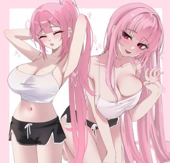 Rule 34 | 1girl, acedia, alternate costume, bare arms, bare legs, barefoot, black shorts, blunt bangs, blush, border, breasts, camisole, commentary, crop top, dolphin shorts, english commentary, fang, head tilt, hololive, hololive english, kneeling, large breasts, long hair, looking at viewer, mori calliope, multiple views, navel, pink border, pink hair, red eyes, short shorts, shorts, simple background, smile, spaghetti strap, stomach, straight hair, very long hair, virtual youtuber, white background, white camisole