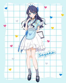 Rule 34 | 1girl, absurdres, apron, black shoes, blue apron, blue background, blue border, blue jacket, border, center frills, clipboard, commentary, earrings, finger to mouth, frilled shirt, frilled skirt, frills, full body, grey socks, grid background, half updo, hasu no sora yumekawa fashion, hat, heart, heart earrings, highres, holding, holding clipboard, jacket, jewelry, kujo awenn, link! like! love live!, long hair, looking at viewer, love live!, mary janes, medium skirt, mini wings, murano sayaka, nurse cap, parted lips, shirt, shoes, short-sleeved jacket, short sleeves, skirt, socks, solo, standing, virtual youtuber, waist apron, white hat, white shirt, white skirt, white wings, wing earrings, wings, yume kawaii
