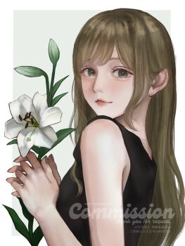 Rule 34 | 1girl, absurdres, aegyo sal, breasts, brown hair, commission, flower, from side, green eyes, highres, holding, holding flower, lips, long hair, looking at viewer, medium breasts, mimitanu25, original, skeb commission, smile, solo, tulip, upper body, watermark