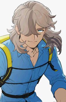 1boy arven_(pokemon) backpack bag belt belt_buckle black_belt blue_eyes blue_shirt buckle closed_mouth collarbone collared_shirt commentary_request hair_over_one_eye highres looking_to_the_side male_focus medium_hair multicolored_hair nintendo one_eye_covered open_collar parted_bangs pokegpp110 pokemon pokemon_sv shirt sideways_glance simple_background sleeve_cuffs smile solo streaked_hair twitter_username white_background yellow_bag