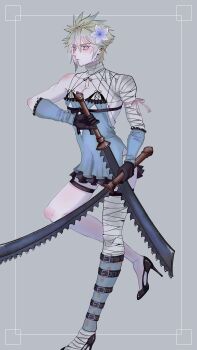 Rule 34 | 1boy, bandaged arm, bandaged leg, bandaged neck, bandages, black gloves, black shoes, blonde hair, blue eyes, blue negligee, blue sleeves, cloud strife, commentary request, cosplay, crossdressing, crossdressing (mtf), detached sleeves, dual wielding, final fantasy, final fantasy vii, flower, gloves, grey background, hair between eyes, hair flower, hair ornament, high heels, highres, holding, kaine (nier), kaine (nier) (cosplay), male focus, shoes, short hair, single bare shoulder, solo, spiked hair, ta0 ff gtmt, thigh strap