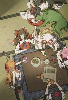 Rule 34 | 6+girls, animalization, apron, artist request, ascot, bandaged arm, bandages, black gloves, black hair, black skirt, blonde hair, blue ascot, bow, bowl, bowl hat, brown hair, brown horns, bun cover, chinese commentary, closed eyes, closed mouth, commentary request, cuffs, cup, detached sleeves, dog, double bun, fingerless gloves, food, frilled bow, frilled hair tubes, frills, from above, fruit, gloves, gourd, green tea, hair bow, hair bun, hair tubes, hakurei reimu, hat, hat ribbon, headpat, highres, horn ornament, horn ribbon, horns, ibaraki kasen, ibuki suika, kirisame marisa, komano aunn, komano aunn (komainu), kotatsu, long hair, lying, mandarin orange, mini person, minigirl, mob cap, multiple girls, newspaper, on back, oni, orange hair, peeling, pink hair, purple ascot, purple tabard, red bow, red hat, red ribbon, reimu day, ribbon, ribbon-trimmed sleeves, ribbon trim, second-party source, shackles, shameimaru aya, shirt, sitting, skirt, smile, socks, sukuna shinmyoumaru, tabard, table, tatami, tea, teapot, tokin hat, touhou, under kotatsu, under table, waist apron, white apron, white shirt, white socks, yakumo yukari, yunomi