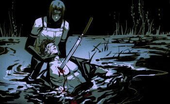 2boys alternate_design bandage_over_one_eye bleeding blood blood_on_face commentary curtained_hair forehead_protector highres katana konohagakure_anbu_uniform konohagakure_symbol male_focus momoyoru1 multiple_boys naruto_(series) naruto_shippuuden no_nipples open_clothes partially_submerged pectorals short_hair stab sword uchiha_itachi uchiha_shisui weapon