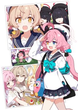 +_+ 6+girls animal_ear_fluff animal_ears armband azusa_(blue_archive) bag bird black_bag black_choker black_hair black_neckerchief black_sailor_collar black_serafuku black_skirt black_wings blonde_hair blue_archive blue_eyes blue_neckerchief blue_sailor_collar blush book braid brown_eyes brown_hair capelet choker closed_eyes closed_mouth crown_braid dress fang flower food fox_ears green_eyes hair_flower hair_ornament halo hanako_(blue_archive) hat head_wings heterochromia hifumi_(blue_archive) highres holding holding_book hoshino_(blue_archive) ideolo justice_task_force_member_(blue_archive) koharu_(blue_archive) long_hair long_sleeves low_twintails mika_(blue_archive) multiple_girls nagisa_(blue_archive) neckerchief one_eye_closed open_mouth puffy_long_sleeves puffy_sleeves purple_neckerchief sailor_collar school_uniform seia_(blue_archive) serafuku shoulder_bag skin_fang skirt smile twintails v very_long_hair white_capelet white_dress white_hair white_serafuku white_sleeves wings yellow_eyes