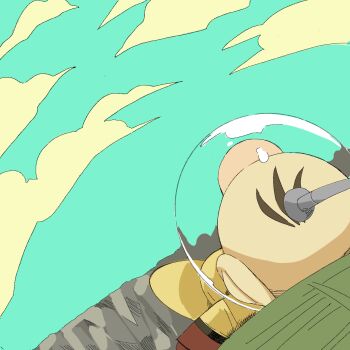 Rule 34 | 1boy, big nose, blue sky, brown hair, chikin (toritoritori09), cloud, day, gloves, helmet, highres, lying, male focus, nintendo, olimar, on back, on leaf, outdoors, outstretched arms, pikmin (series), pikmin 3, pointy ears, radio antenna, red gloves, short hair, sky, solo, space helmet, spacesuit, very short hair