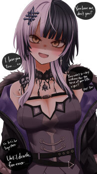 Rule 34 | 1girl, black choker, black coat, black dress, black hair, blush, breasts, choker, cleavage, coat, dress, earrings, english text, grey hair, highres, hololive, hololive english, jewelry, large breasts, long hair, looking at viewer, multicolored hair, natsume mina, open mouth, shiori novella, shiori novella (1st costume), solo, speech bubble, split-color hair, two-tone hair, virtual youtuber, yellow eyes, yorick (shiori novella)