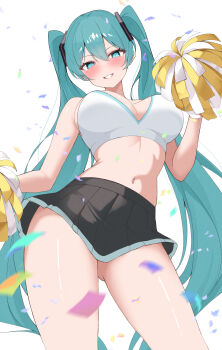 1girl aqua_eyes aqua_hair bare_arms bare_shoulders black_skirt blush breasts cheerleader cleavage commentary_request confetti contrapposto cowboy_shot crop_top eikawa_suru gluteal_fold grin hair_between_eyes hair_ornament hand_up hatsune_miku highres holding holding_pom_poms large_breasts long_hair looking_at_viewer midriff miniskirt navel pleated_skirt pom_pom_(cheerleading) pom_poms shirt simple_background skirt sleeveless sleeveless_shirt smile solo standing stomach thighs twintails very_long_hair vocaloid white_background white_shirt