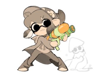 1girl :3 commentary english_commentary floral_print full_body grey_footwear grey_hair grey_hat grey_jacket grey_pants grey_shirt hat highres holding inkling jacket nintendo original pants shirt short_hair simple_background splatoon_(series) splattershot_(splatoon) squid standing temmie_chang temmie_chang_(character) tentacle_hair v-shaped_eyebrows white_background