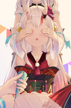 4girls absurdres bare_shoulders bell birthday birthday_cake cake candle commentary_request covering_another's_eyes detached_sleeves dot_nose double_bun food fox_girl fruit hair_between_horns hair_bun happy_birthday highres hololive horn_ornament horns light_blush long_hair makushiro_081 multiple_girls nakiri_ayame nakiri_ayame_(1st_costume) oni ookami_mio oozora_subaru open_mouth shirakami_fubuki simple_background skin-covered_horns strawberry virtual_youtuber white_hair wide_sleeves wolf_girl