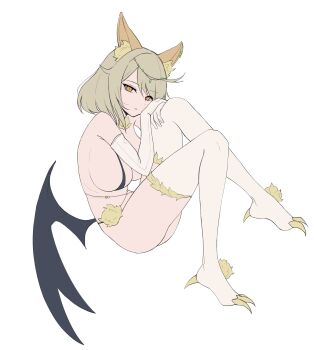 1girl absurdres animal_ear_fluff animal_ears ass bare_shoulders bat_ears bat_wings bikini black_bikini blonde_hair breasts cleavage closed_mouth commission elbow_gloves expressionless gloves highres large_breasts legs_up looking_at_viewer low_wings medium_hair orange_eyes original sideboob simple_background solo string_bikini swimsuit talons thighhighs white_background white_gloves white_thighhighs wings ysoa ysoa26