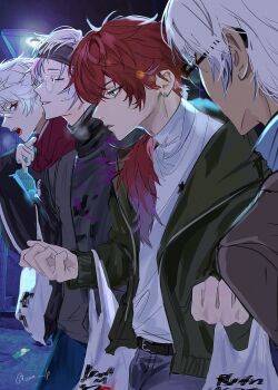 Rule 34 | 4boys, alternate costume, bag, black jacket, black shirt, closed eyes, facing away, fuwa minato, glasses, green jacket, grey headband, headband, highres, holding, holding bag, ibrahim (nijisanji), jacket, kuzuha (nijisanji), lauren iroas, long hair, long sleeves, male focus, multicolored hair, multiple boys, nijisanji, parted lips, plastic bag, red hair, shirt, short hair, streaked hair, turtleneck, virtual youtuber, white hair, white shirt, zzz lp