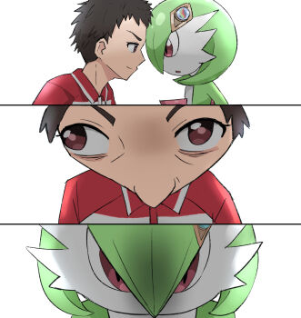 1boy 1girl :o bob_cut brown_eyes close-up face-to-face gardevoir gen_3_pokemon green_hair highres looking_at_another nintendo perspective pink_eyes pokemon pokemon_(anime) pokemon_(creature) pokephilia poketoon short_hair shorts simple_background smile tentenchan4545 white_background yuugo_(pokemon)