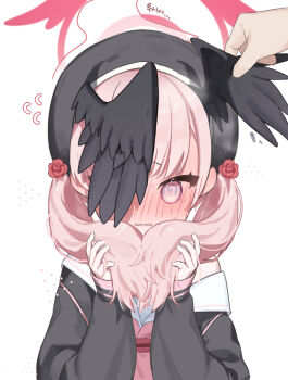 1girl 1other @_@ absurdres bamyamsj beret black_hat black_wings blue_archive blush feathered_wings halo hat head_wings highres koharu_(blue_archive) long_hair long_sleeves looking_at_viewer open_mouth pink_eyes pink_hair shirt simple_background translation_request twintails wavy_mouth wings