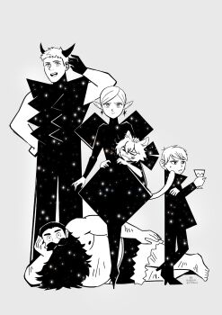 2girls 3boys arms_at_sides beard belly borrowed_clothes chilchuck_tims cosplay derivative_work dungeon_meshi dwarf facial_hair fat fat_man greyscale hairy high_heels highres izutsumi laios_touden light_smile long_beard looking_at_viewer lying marcille_donato marcille_donato_(cosplay) monochrome multiple_boys multiple_girls muscular muscular_male mustache nipples on_side parody ribbonentrails screenshot_redraw senshi_(dungeon_meshi) sparse_arm_hair sparse_chest_hair sparse_leg_hair starry_sky_print straight-on sweatdrop thick_mustache toned toned_male topless_male very_long_beard