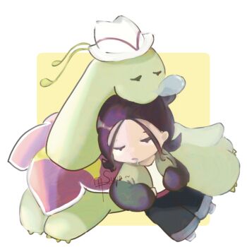 1girl antennae chibi cienya2 closed_eyes clothed_pokemon commentary_request eyelashes gen_2_pokemon green_jacket harmony_(pokemon) hat jacket long_sleeves meganium nintendo nose_bubble open_clothes open_jacket pants pokemon pokemon_(creature) pokemon_legends:_z-a shirt signature simple_background sleeping white_hat white_shirt