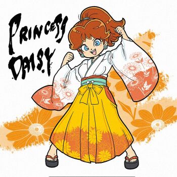 Rule 34 | 1girl, blue eyes, brown hair, character name, earrings, floral background, floral print, flower earrings, hakama, hakama skirt, japanese clothes, jewelry, long hair, looking at viewer, mario (series), meijin okd, nintendo, open mouth, orange hakama, ponytail, princess daisy, skirt, smile, white background, wide sleeves
