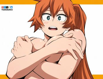 1girl artist_name bluesky_logo blush boku_no_hero_academia breasts breasts_squeezed_together commentary completely_nude covering_breasts covering_privates fanbox_logo green_eyes kendou_itsuka large_breasts looking_at_viewer nude open_mouth orange_background orange_hair patreon_logo pixiv_logo side_ponytail solo sweat tsuranukko twitter_x_logo two-tone_background upper_body white_background