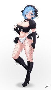 1girl alternate_costume apron black_gloves black_nails blue_eyes blue_hair boots breasts choker cleavage crop_top cross earrings elbow_gloves eyes_visible_through_hair fingerless_gloves fishnet_pantyhose fishnets flower frills full_body gloves hair_flower hair_ornament hair_over_one_eye hairband high_heel_boots high_heels highres jewelry knee_boots large_breasts lolita_hairband maid maid_headdress miarin141 midriff nail_polish navel necklace panties pantyhose puffy_short_sleeves puffy_sleeves re:zero_kara_hajimeru_isekai_seikatsu rem_(re:zero) rose short_hair short_sleeves simple_background skirt solo standing underwear white_background white_panties x_hair_ornament