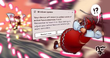 !? 2girls bow brown_hair collared_shirt commentary danmaku detached_sleeves english_commentary english_text fairy_wings flower flying frilled_bow frilled_hair_tubes frilled_skirt frills full_body gohei hair_bow hair_tubes hakurei_reimu highres holding holding_flower holding_gohei microsoft_windows multiple_girls notification red_bow red_hair red_shirt red_skirt redlerred7 ribbon-trimmed_sleeves ribbon_trim shirt short_hair sidelocks signature skirt skirt_set sleeveless sleeveless_shirt sunflower sunflower_fairy_(touhou) touhou white_sleeves wide_sleeves window_(computing) wings