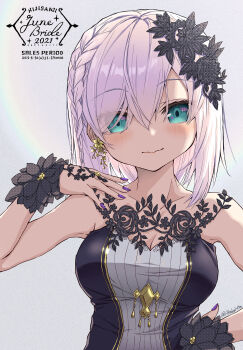 1girl arm_up ars_almal bare_shoulders black_dress black_flower black_wrist_cuffs blue_eyes blush braid breasts bride character_name cleavage closed_mouth collarbone corsage dress earrings flower flower_earrings flower_ornament formal_clothes gold_earrings hair_between_eyes hair_ornament highres jewelry lace lace_trim large_breasts leaf leaf_hair_ornament leaf_on_head looking_at_viewer nijisanji short_hair solo strapless tatami_kami twitter_username two-tone_dress upper_body virtual_youtuber white_background white_dress white_hair wrist_cuffs