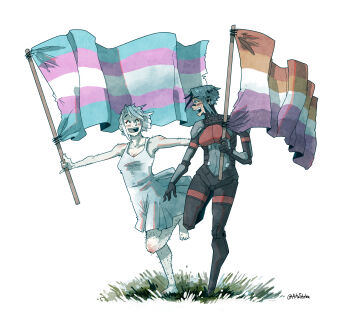 Rule 34 | 2girls, ^ ^, absurdres, ariane yeong, artsthelen, black hair, bodysuit, breasts, cleavage, closed eyes, commentary, dirty, dress, elster (signalis), flag, full body, gender transitioning, grass, highres, holding, holding flag, lesbian flag, multiple girls, open mouth, short hair, signalis, sleeveless, sleeveless dress, teeth, transgender flag, twitter username, upper teeth only, white background, white dress, white hair