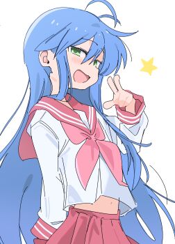 1girl :3 ahoge blue_hair commentary green_eyes hair_between_eyes highres izumi_konata long_hair long_sleeves looking_at_viewer lucky_star midriff navel neckerchief open_mouth pink_neckerchief pleated_skirt red_sailor_collar red_skirt ryouou_school_uniform sailor_collar school_uniform serafuku skirt smile solo star_(symbol) stomach v very_long_hair white_background wichimi