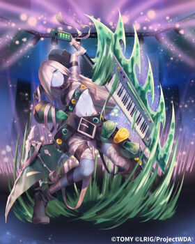 1girl bandaged_arm bandaged_leg bandages big_bang_(wixoss) black_shorts blue_hair blue_skin closed_mouth colored_skin copyright_notice dqn_(dqnww) flat_chest highres holding holding_instrument instrument keyboard_(instrument) looking_at_viewer multicolored_hair official_art purple_eyes shorts solo streaked_hair white_hair wixoss