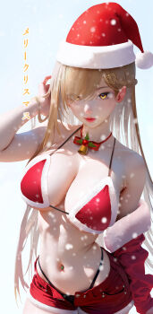 1girl absurdres bell bikini bikini_under_clothes blonde_hair breasts commentary_request fur-trimmed_bikini fur-trimmed_headwear fur_trim hat highleg highleg_bikini highres large_breasts lips long_hair looking_at_viewer navel navel_piercing neck_bell nyarko off_shoulder open_fly piercing red_bikini red_shorts santa_bikini santa_costume santa_hat shibou_yuugi_de_meshi_o_kuu shorts solo swimsuit white_background yellow_eyes