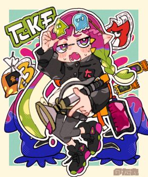 Rule 34 | 1girl, artist name, black jacket, black pants, black shoes, blue background, blush stickers, border, braid, commentary request, eyewear on head, fang, full body, green hair, holding, holding weapon, inkling, inkling girl, inkling player character, jacket, long hair, long sleeves, looking at viewer, multicolored hair, nintendo, notamaru 2, open mouth, outline, outside border, pants, pointy ears, purple eyes, purple hair, shoes, simple background, sneakers, solo, splatoon (series), sploosh-o-matic (splatoon), standing, sweat, weapon, white outline, yellow border