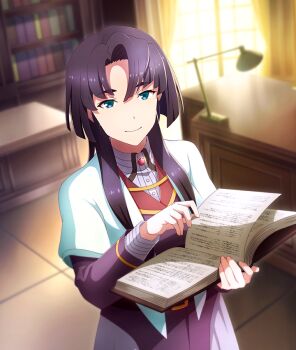Rule 34 | 1girl, aqua eyes, book, bookshelf, closed mouth, curtains, day, desk, desk lamp, dress, game cg, gem, holding, holding book, lamp, long sidelocks, long sleeves, looking at viewer, official art, open book, origami akane, purple dress, purple hair, red gemstone, shrug (clothing), sidelocks, smile, solo, third-party source, tile floor, tiles, toji no miko, toji no miko: kizamishi issen no tomoshibi, upper body, white shrug, window