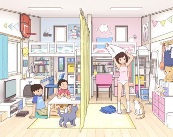Rule 34 | 1girl, 2boys, absurdly detailed composition, blush, brother and sister, brown hair, brown shorts, camisole, carpet, cat, chabudai, chair, changing clothes, curtains, desk, fixed-point camera, indoors, kiyo (kyokyo1220), korilakkuma, loaded interior, loft bed, mirror, multiple boys, ohtani shohei, on floor, original, panties, pink camisole, poster (object), red shirt, rilakkuma, san-x, shirt, short hair, shorts, siblings, sitting, stuffed animal, stuffed toy, table, teddy bear, television, time lapse, underwear, white panties, white shirt, window