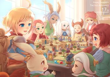 3boys 3girls 3others :d ahoge anniversary babus bangaa black_mage_(final_fantasy) blue_eyes brown_hair card closed_eyes collar dark-skinned_female dark_skin doned_radiuju drill_hair earrings everyone facial_mark final_fantasy final_fantasy_tactics_advance fingerless_gloves forehead_mark gadgeteer_(final_fantasy_tactics_advance) gem gloves green_eyes grey_hair hair_ornament hairclip haruhito_(pixiv56745) indoors jewelry llednar_twem marche_radiuju mewt_randell miniature montblanc moogle multiple_boys multiple_girls multiple_others ninja_(final_fantasy_tactics_advance) nono_(final_fantasy) nu_mou open_mouth red_hair red_headwear red_mage_(final_fantasy) ritz_malheur shara short_hair shoulder_spikes smile spikes star_(symbol) table templar_(final_fantasy_tactics_advance) viera white_mage_(final_fantasy) window