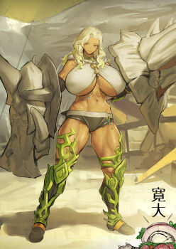 Rule 34 | 1girl, blonde hair, breasts, buruma, character request, highres, huge breasts, long hair, melon22, monster hunter (series), muscular, muscular female, navel, tan
