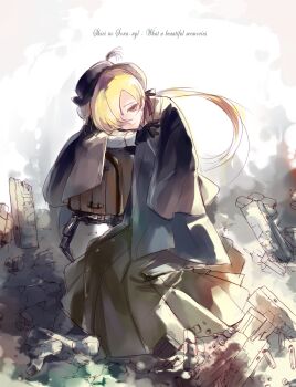 1girl black_cape black_gloves black_hat blonde_hair cape commentary_request copyright_name elysia_wentworth feathers gloves hair_over_one_eye hair_ribbon hat highres light_smile low_ponytail non-humanoid_robot ponytail ribbon robot rubble shiei_no_sona-nyl sitting solo steampunk_(liarsoft) wjsfls96