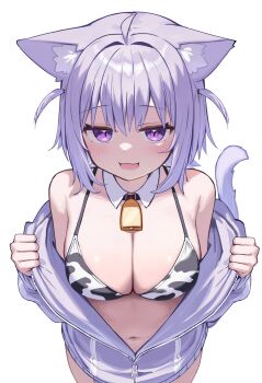 1girl :d absurdres ahoge animal_ear_fluff animal_ears animal_print bell bikini black_collar breasts cat_ears cat_girl cat_tail cleavage collar commentary_request cow_print cow_print_bikini cowbell crossed_bangs deaver detached_collar double-parted_bangs hair_between_eyes highres hololive jacket jacket_over_swimsuit large_breasts looking_at_viewer navel neck_bell nekomata_okayu off_shoulder open_mouth paid_reward_available partially_unzipped print_bikini purple_eyes purple_hair purple_jacket short_hair simple_background smile solo stomach swimsuit tail two_side_up virtual_youtuber white_background