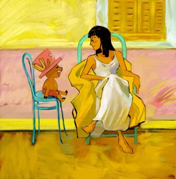 0000alisa 1boy 1girl ^_^ antlers barefoot black_hair blue_nose closed_eyes commentary crossed_arms dress english_commentary full_body hat highres horns looking_at_another nico_robin one_piece pink_hat reindeer_antlers shorts sitting smile tony_tony_chopper white_dress