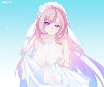 1girl absurdres alternate_costume artist_name bare_shoulders breasts closed_mouth commentary covered_navel cyrene_(honkai:_star_rail) cyrene_(ripples_of_past_reverie)_(honkai:_star_rail) diamond-shaped_pupils diamond_(shape) dress gradient_hair higekuru highres honkai:_star_rail honkai_(series) large_breasts long_hair looking_at_viewer multicolored_hair pink_hair pointy_ears purple_eyes purple_hair sidelocks smile solo symbol-shaped_pupils white_dress