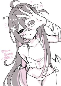 1girl ? ahoge arm_up bandaged_arm bandages bikini black_eyes blush breasts commentary_request cowboy_shot cross-shaped_pupils grey_hair heart highres long_hair looking_at_viewer multicolored_hair open_mouth original parted_bangs pink_streaks simple_background sketch small_breasts solo streaked_hair swimsuit symbol-shaped_pupils translation_request very_long_hair white_background white_bikini wings yu_o015