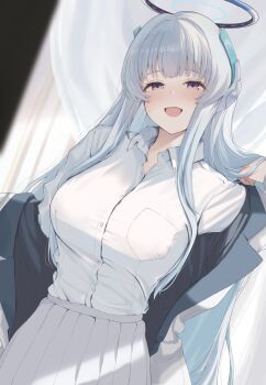 Rule 34 | 1girl, blue archive, breasts, commentary request, halo, highres, jacket, large breasts, long hair, maosame, mechanical halo, noa (blue archive), open clothes, open jacket, open mouth, pleated skirt, purple eyes, shirt, skirt, smile, solo, white hair, white jacket, white shirt, white skirt