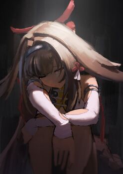 1girl animal_ears arm_on_knee armlet bare_shoulders brown_hair china_dress chinese_clothes closed_mouth clover clover_hair_ornament commentary_request dark_background dress droopy_ears hair_ornament hairband half-closed_eye highres jewelry knees_up long_hair one_eye_closed red_eyes silver_armlet sitting solo tears tsubakuro31 very_long_hair white_dress white_hairband ye_shunguang zenless_zone_zero