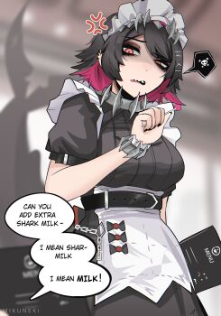 1girl absurdres anger_vein apron artist_name belt black_belt black_dress black_eyeshadow black_hair black_nails black_shirt blurry blurry_background breasts chain colored_inner_hair dress ellen_joe english_text eyeshadow fins fish_tail hair_ornament highres holding holding_menu maid_headdress makeup menu mikuneki multicolored_hair pink_hair shark_girl shark_tail sharp_teeth shirt short_hair solo speech_bubble spoken_skull tail teeth white_apron zenless_zone_zero