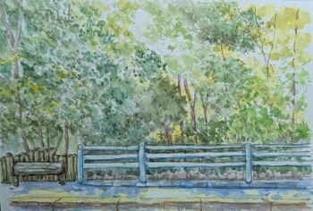 bench commentary_request fence forest harusa1107 highres nature no_humans original outdoors painting_(medium) path road scenery sideways_hat sketch traditional_media tree unfinished wooden_bench wooden_fence