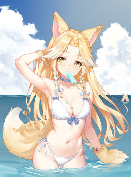 Rule 34 | 1girl, animal ears, armpits, bikini, blonde hair, braid, breasts, cleavage, commentary request, dog, food, food in mouth, fox ears, fox girl, fox tail, groin, kirilenko (cgd), lifebuoy, long hair, looking at viewer, medium breasts, navel, ocean, original, popsicle, popsicle in mouth, solo, stomach, swim ring, swimsuit, tail, white bikini, yellow eyes