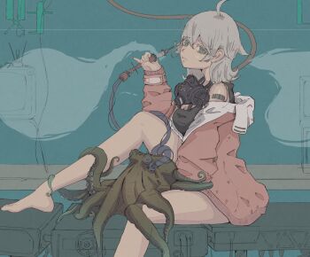 1girl ahoge aqua_eyes barcode barcode_tattoo bare_legs barefoot black_shirt breasts cable cleavage closed_mouth crt double-parted_bangs flipped_hair hair_between_eyes highres holding jacket looking_at_viewer medium_breasts medium_hair muted_color noka_works octopus original pink_jacket pinky_out shirt sidelocks sitting solo squid strapless strapless_shirt tattoo white_hair