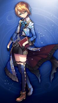 1boy aqua_ribbon black_shorts blue_background blue_eyes blue_gem book closed_mouth ear_piercing gem hair_between_eyes holding holding_book male_focus neck_ribbon orange_hair piercing ribbon short_hair shorts smile solo