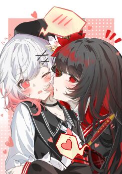 2girls absurdres black_choker black_hair black_shirt blush border chinese_commentary choker commentary_request cucumer flower heart highres long_hair long_sleeves mahou_shoujo_no_majo_saiban multicolored_hair multiple_girls nikaido_hiro notice_lines one_eye_closed open_mouth pen pink_background red_eyes red_flower sakuraba_ema shirt short_hair spoken_blush upper_body white_border yuri