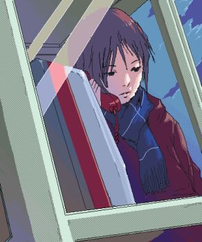 Rule 34 | 1girl, archived source, black eyes, blue cloak, blue scarf, blue sky, brown hair, cloak, closed mouth, commentary request, cool colored, corded phone, dithering, from below, glass, hair between eyes, holding, holding phone, jaggy lines, kim soo-min (image part), korean commentary, lowres, night, night sky, no sclera, nostrils, oekaki, original, payphone, perspective, phone, phone booth, red sleeves, red sweater, scarf, short hair, sky, solo, sweater, upper body, winter clothes